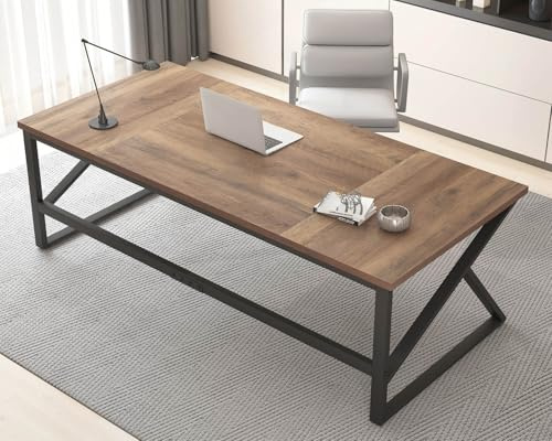 HSH Large Home Office Desk, Modern Wood Metal Computer Desk for Two Person, Extra Long Executive Writing Study Gaming Double Desk Workstation, Bedroom Living Room Table, Rustic Oak, 180 CM | Office table with wood metal and footboard as furniture for study with PC table, large work area for office, bedroom