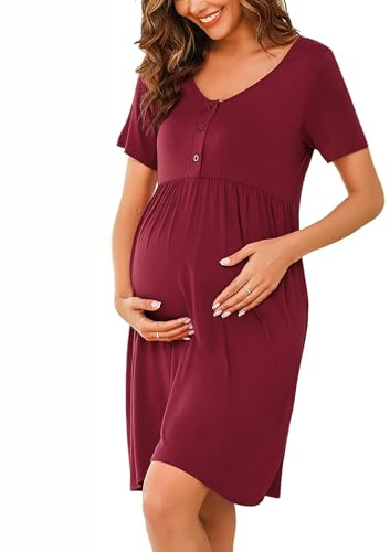 Bresdk Chemise de Nuit de Maternité à Boutons pour Femmes Vêtements de Nuit à Manches Courtes Hôpital d'allaitement, Bouton - vin Rouge, XL
