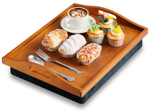 Tioncy Bamboo Lap Tray with Detachable Pillow 16.9'' x 13'' Lap TV Trays Lap Desk with Handles for Adults Eating in Recliner Breakfast Housewarming Gift(Vintage Brown,1 Piece)