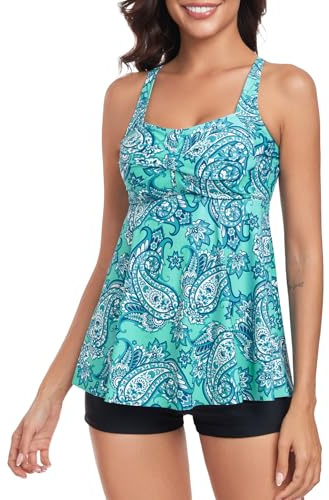 FLYILY Femmes 2 Pièce Floral Tankini Ensemble Vintage Imprimé avec Short Maillot de Bain Grande Taille(GreenPrint,M)