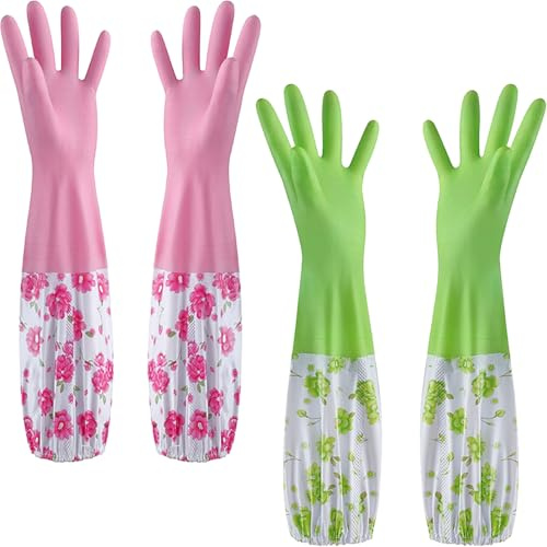 LHLZNB marigold gloves medium，washing up gloves–Household & Garden Chores, Weeding, Gardening,Washing, Cleaning & Dishwashing–Extra Protection Sleeves-Waterproof and Lined for Warmth (Pink+Green)