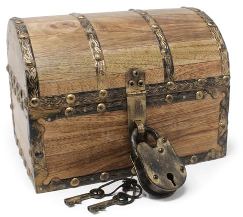 Nautical Cove Antique Finish Wood Treasure Chest with Decorative Rivets and Reinforcing Iron Strips with Lock and Skeleton Keys (Light Antique, Small 8x6x6) - Wooden Keepsake Box, Storage Chest