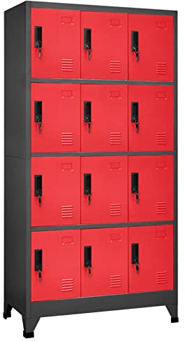 IKAYAA Spind Schrank Schließfachschrank mit 12 Fächern Metallspind Metallschrank abschließbar Büroschrank astahlschrank Spind Umkleideschrank -Anthrazit und Rot-Mit 12 Schließfächern