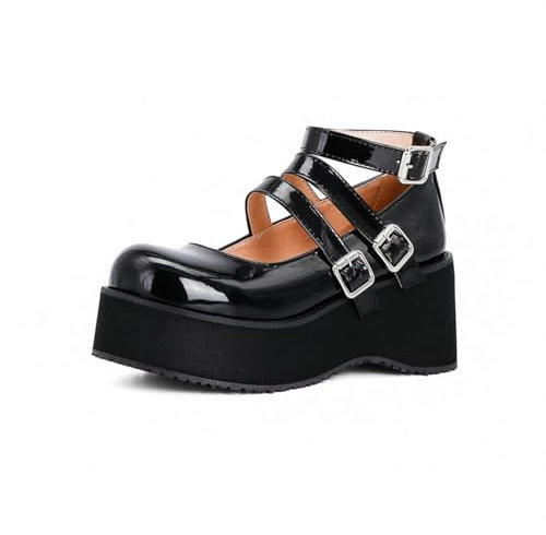 KUHAOFEU Women's Chunky Block Heel Mary Janes Round Toe Ankle Buckle Platform Gothic Work Shoes Dress Red Wedding Pumps,Black,12 UK