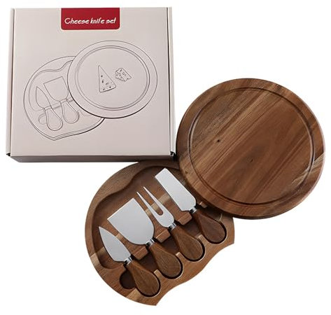 yekulanyue Cheese Board Set with 4 Stainless Steel Knives, Spatula & Fork | Serving Platter for Cheese, Fruits, Biscuits | Rust-Resistant Cutlery for Parties, Charcuterie
