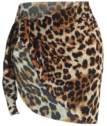AOWVUTS Sarongs for Women Sexy Leopard Print Beachwear Tie Side Cover Up Pareo Beach Wrap Sarong Swimsuit Summer Holiday Sarong Short Skirt Bikini Cheetah Swimwear Bathing Suit