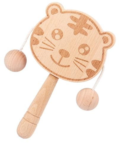 Holz Baby Rassel - Holzspielzeug | Holz Greifling Strick | Heros Baby Greifling | Holz Baby Rassel | Zweiseitige Kindertrommel In Tigerform | Sensorisch Aktivierendes Greifrassel In Tigergestalt Zur