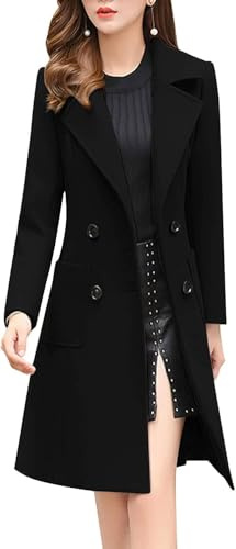 ebossy Women's Elegant Wool Blend Pea Coat Notched Lapel Double Breasted Winter Warm Mid Long Overcoat (S, Black)