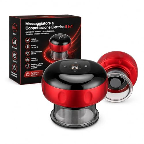 Smart Cupping - Massaggiatore a Coppettazione Elettrica 5 in 1 - Coppetta Anticellulite con Aspirazione Dinamica, Calore e Luce Rossa - 12 Livelli di Intensità per Dolori Muscolari e Recupero