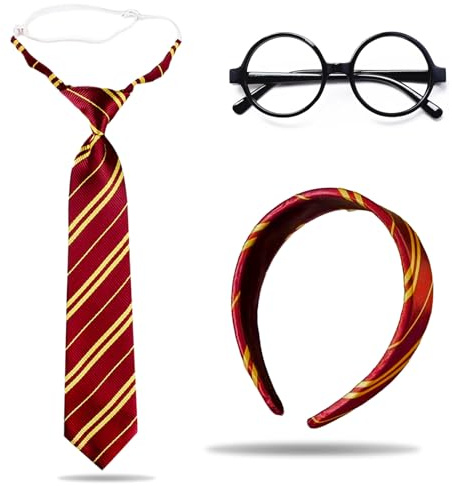 FOSDICK 3 Pezzi Cerchietto e Cravatta Rossa e Gialle a Righe Con Nero Rotondi Occhiali Senza Lenti, Costume da Mago Bambino, Kit Cosplay Mago Cravatte Cerchietti Occhiali Accessori per Bambini Adulto