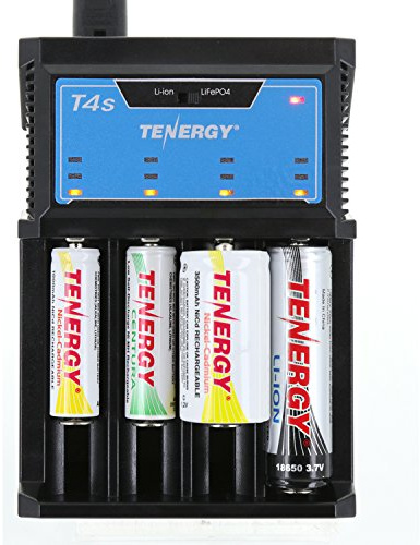 Tenergy T4s Intelligent Universal Charger, 4-Slot Battery Charger for Li-ion, LiFePO4, NiMH and NiCd Rechargeable Batteries,18650, 14500, 26650, AA AAA C Cell Battery Charger with Car Adapter