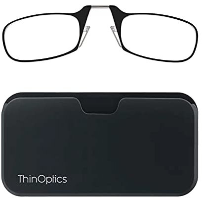 ThinOptics Reading Glasses 1.50 Black Frames With Universal Pod Compact Case - No Temple Armless Readers 1.50 Strength With Flex-Fit Technology