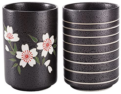 Hedume Set of 2 Japanese Tea Cups, 10oz Ceramic Mug with Cherry Blossoms and Line Design for Green Tea, Matcha, Bancha