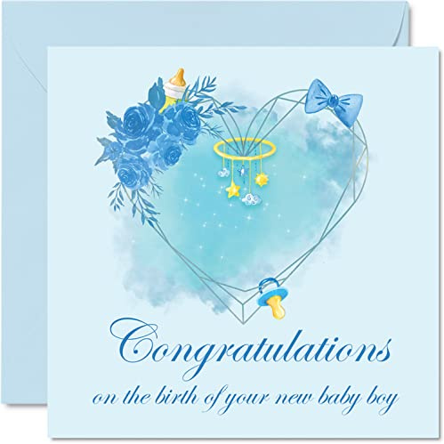 Congratulations On The Birth Of Your New Baby Boy - Greeting Cards for Baby Showers, Welcome Baby Cards, Baby Sprinkle, Newborn Gifts, Parents, Family - Blank Inside with Envelope - 5.7 x 5.7 Inch