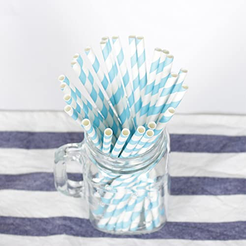 50 Pack Paper Straws, Blue Striped Party Drinking Straws for Birthday, Wedding, Baby Shower, Disposable Paper Straw for Cocktail Bubble Tea Celebrations Tableware Supplies