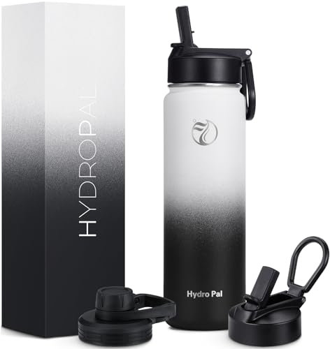 HydroPal Borraccia Termica 750 ml,1L,1.2L, Borraccia in Acciaio Inossidabile con Cannuccia, 2 Coperchi Senza BPA,Isolata 24h/12h, Senza BPA per Sport (Bianco/Nero, 750ml)