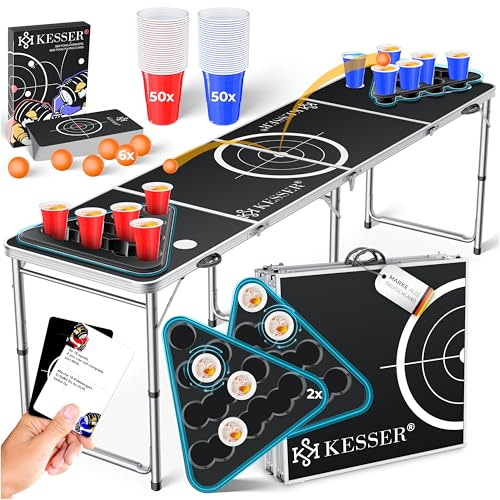 KESSER® Beer Pong Set da Tavolo con Gioco di Carte, con 100 Bicchieri (50 Rossi e 50 Blu), 6 Palline + Set di Regole, Tavolo per Feste, Regolabile in Altezza, Classic + Carte
