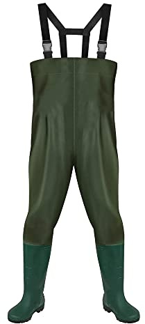 Fiqops Wathose Herren Wasserdicht, Anglerhose Wasserdicht mit Stiefel, Leichte Wathose Neopren aus 70D Nylon PVC Material, Wathose Damen für Angeln, Bauernhöfe, Gärten, Größe(42/43L)