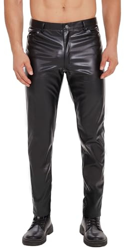 Pantalones de cuero mate brillantes y suaves para hombre, pantalones de alta elasticidad con cremallera, pantalones largos ajustados, pantalones de cuero rectos informales para hombre, para disfraz,