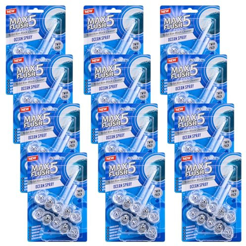 12 Pack Max Flush 5 Ocean Spray Toilet Rim Block Cleaner (Twin Pack), Clear Water Toilet Rim Block with Anti-Limescale, Cleaning Foam, Dirt Protection and Extra Freshness
