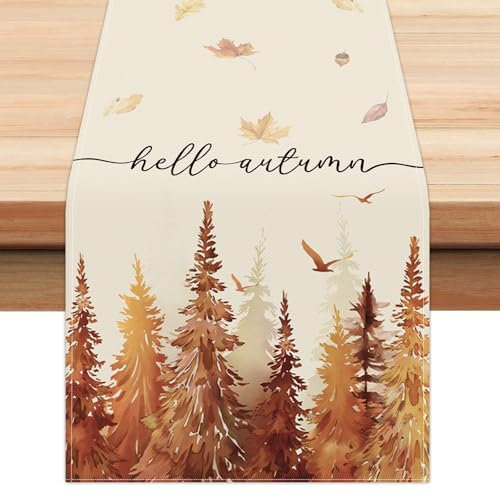 Bonhause Tischläufer Herbst Ahornblatt Wald Tischläufer Baum Saisonnal Küche Esstisch Dekoration für Drinnen Draußen Urlaub Party Waschbar Wohnkultur Tafeltuch (33 x 183 cm)