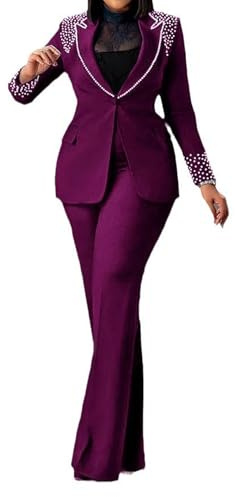 Tcremisa Womens Fashion Pants Suit 2 Piece Business Outfits Pearls Long Sleeve Blazer and Slim Fit Pants Sets Purple