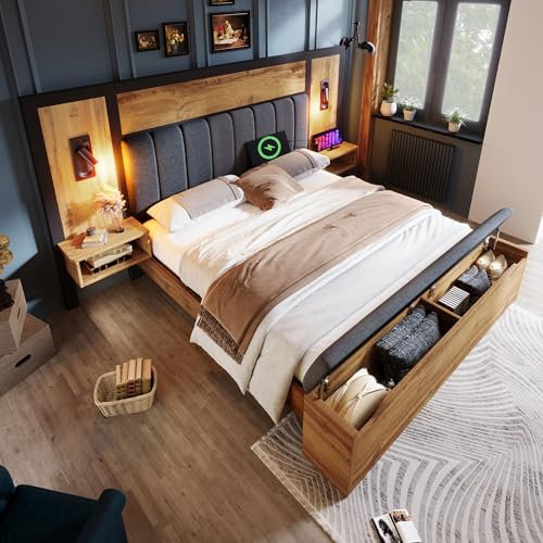 Doppelbett 180×200 cm, Polsterbett Bettanlage mit Leselampe und USB C Nachttisch und Sitzbank mit Stauraum, Funktionsbett Bettgestell mit Lattenrost aus Metall, Holz und Leinen, Ohne Matratze, Eiche