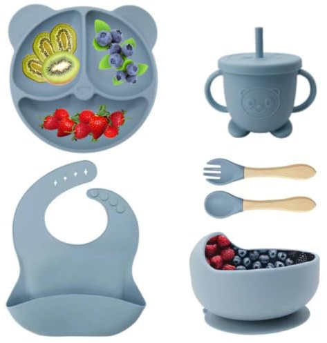 Eliano Ensemble de vaisselle en silicone pour bébé - 6 pièces - Assiette, bol, bavoir, gobelet d'apprentissage à boire avec paille et couverts - Avec ventouses - Sans BPA - Pour le sevrage de bébé