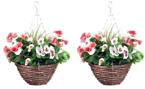 Juego de 2 cestas colgantes artificiales para pensamiento, 25 cm, color rosa y blanco, resistentes a la intemperie