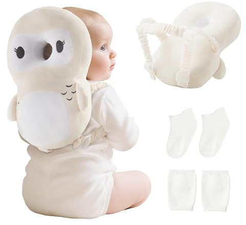 Fortella Sac à dos de protection de la tête pour bébé et tout-petit, harnais sécurité réglable, sac anti chute enfants avec genouillere bebe & chaussettes, cadeau 5–24 mois, pour marche (Hibou Beige)