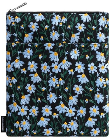 Dadanism Housse Livre Brodée Marguerite, Pochette Protecteur pour Livre, Cadeau Littéraire, Couverture avec Poche Avant Brochés Reliés, Cadeau Parfait pour Lecteur Enseignan, Noir