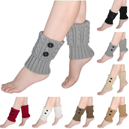 Womens Boot Socks Winter Warm Stylish Crochet Knitted Cuff Buttons Boot Topper Short Leg Warmers Socks for Yoga Gray