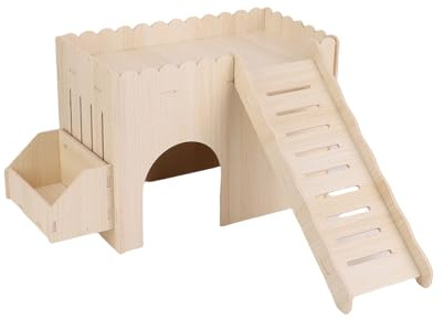 Greensen Maison pour Cochon d'Inde et Lapin, Château de Cachette en Bois pour Petits Animaux avec Glissade, Cachette à Multiples Compartiments et Bassin d'alimentation 13,39x7,48x9,84