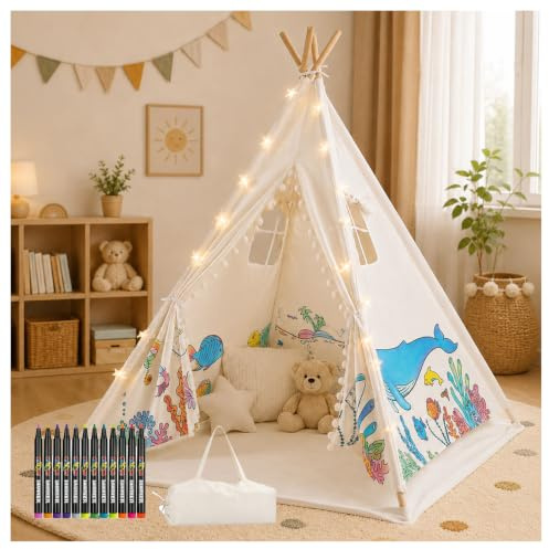 Tipi DIY para niños, tienda campaña infantil de lino natural con 12 rotuladores lavables, luces cálidas, bolsa, 120x140 cm, estructura de pino macizo antideslizante, regalo para niños y niñas
