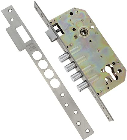 Amig - Cerradura de Embutir Con Bulones para Puertas de Madera Mod. 100-50/85 mm - Con Cilindro y Escudo de Seguridad - Picaporte Reversible - Acero Inoxidable Mate
