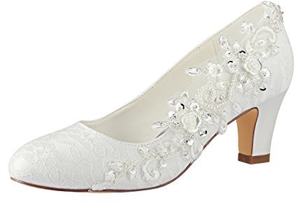 Emily Bridal Brautschuhe Frauen Seide wie Satin Stämmiger Absatz Absatzschuhe mit Stich Spitzen Blume Kristall Perle (EU39, Ivory)