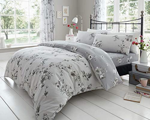 GC GAVENO CAVAILIA Flower Duvet Cover Double - Blossom Bedding Set With Pillowcase - Polycotton Fabric- Grey