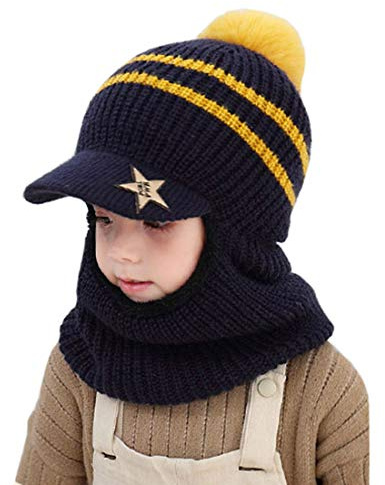 YONKOUNY Bébé Bonnet Echarpe Set Hiver Chaud Bonnet Chapeau Tricoté Tour De Cou Doublure en Polaire pour Enfants Filles Garçons (Bleu Marin)