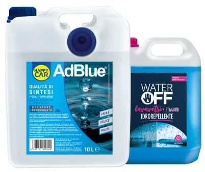 HappyCar AdBlue 10L con Versatore Incluso + Liquido Lavavetri Auto 5L Repellente Pioggia - Additivo Motori Diesel e Detergente Parabrezza Pronto all’Uso