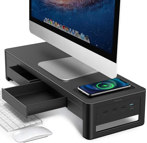 meatanty Monitorständer, 3 in 1 Monitorständer mit USB-Anschlüssen, kabellosem Ladegerät und Schubladen, unterstützt Datenübertragung und Aufladen