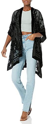 Angie womens Angie Women's Burnout Velvet Kimono Transitional Jacket, Black, One Size US