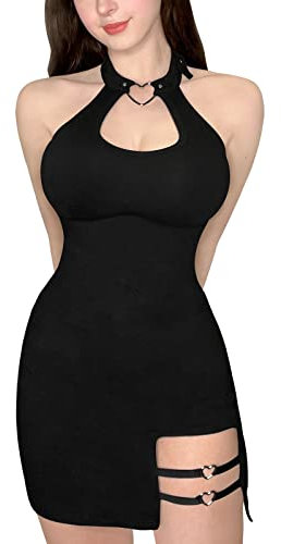 LittleForBig Damen Baumwoll-Overall Vampy Kragen Bodycon Mini Kleid Rock Schwarz XXXXL