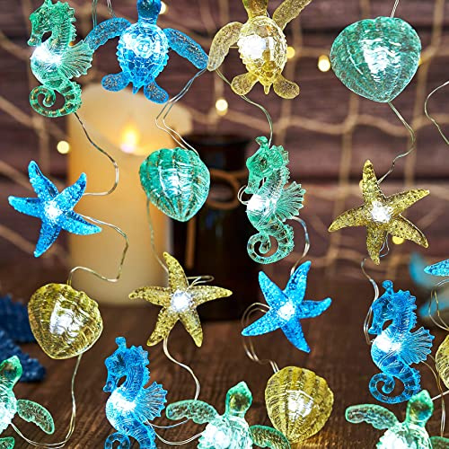 Belniak Nautical Theme Ocean Décor Beach Decorative String Lights Outdoor Seahorse Sea Turtle Starfish Shell Cute Marine Life Novelty Night Lights 30LED 10ft Battery Operated
