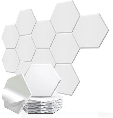 Magi's Gift Sechseckige Akustikplatten sind selbstklebend, Akustikschaumstoff weiß für Decken-/Tür-/Wanddekoration, 12 Stück selbstklebende schallabsorbierende Paneele (30x26x0,9 cm)