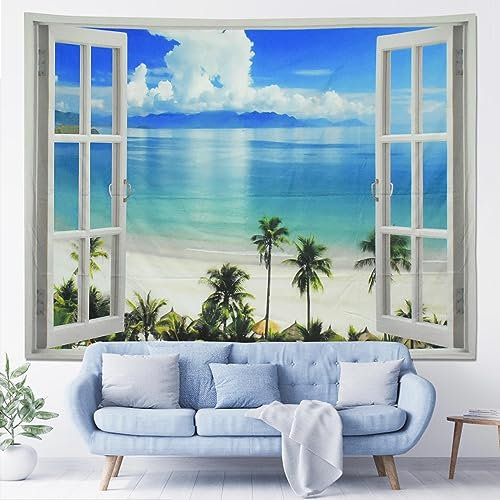 Arazzo Paesaggio da Parete 200x150cm, Arazzi Appeso Natura Poliestere, Coperta Arazzo da Letto Foresta Albero Oceano Spiaggia Finestra, Grandi Arte Arazzo per Decorazioni Camera Dorm Soggiorno Casa(B)