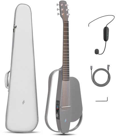Elektrisk akustisk gitarr NEXG SE från Enya – grå 3/4-kolfibergitarr med smart ljud, tyst elgitarrset för vuxna, med trådlös högtalare, headset, mikrofon, laddkabel och hals.