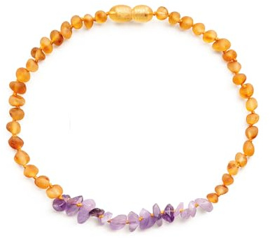 Baltic Proud Amber Necklace for Women and Men (Authentic, Certified) - 18 inches, Honey Raw Amethyst (Unpolished) - Unisex Amber Jewelry for Adults - Bead Necklace