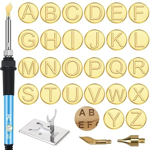 Wood Burning Letter，26 Alphabet Wood Burning Kit 28 Pcs Engraving Tools Brass Pyrography Head Branding Irons Tools for Wood Burning Sets DIY Making