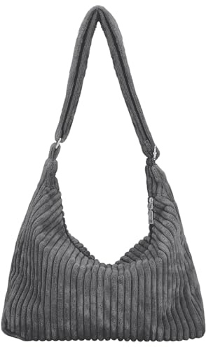 Ulisty Damen Latschig Cord Hobo Tasche Verstellbarer Riemen Schultertasche Umhängetasche Lässig Tragetasche Handtasche grau