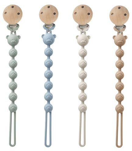 AYSYR 4er-Pack Schnullerkette Mädchen Junge,Schnullerband Leicht zu Reinigen,Schnullerketten und Beißring 2-in-1 Design,Schnullerkette Holz Tragbarkeit,Zahnungshilfe Baby(Braun+Milchweiß+Blau+Grün)